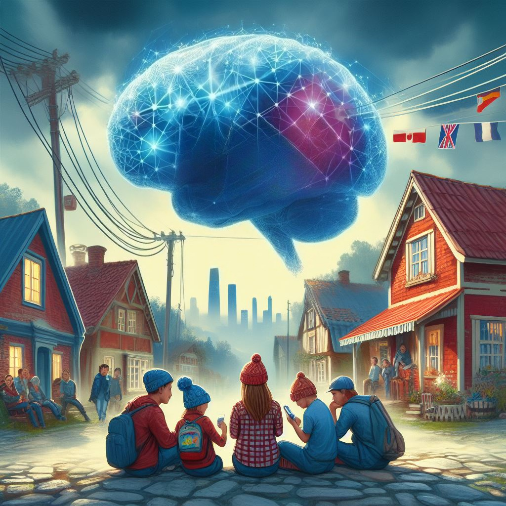 Visuel de l'Escape Game représentant le dessin d'une équipe de 5 jeunes, réfléchissant à une énigme, au beau milieu de la place d'une commune